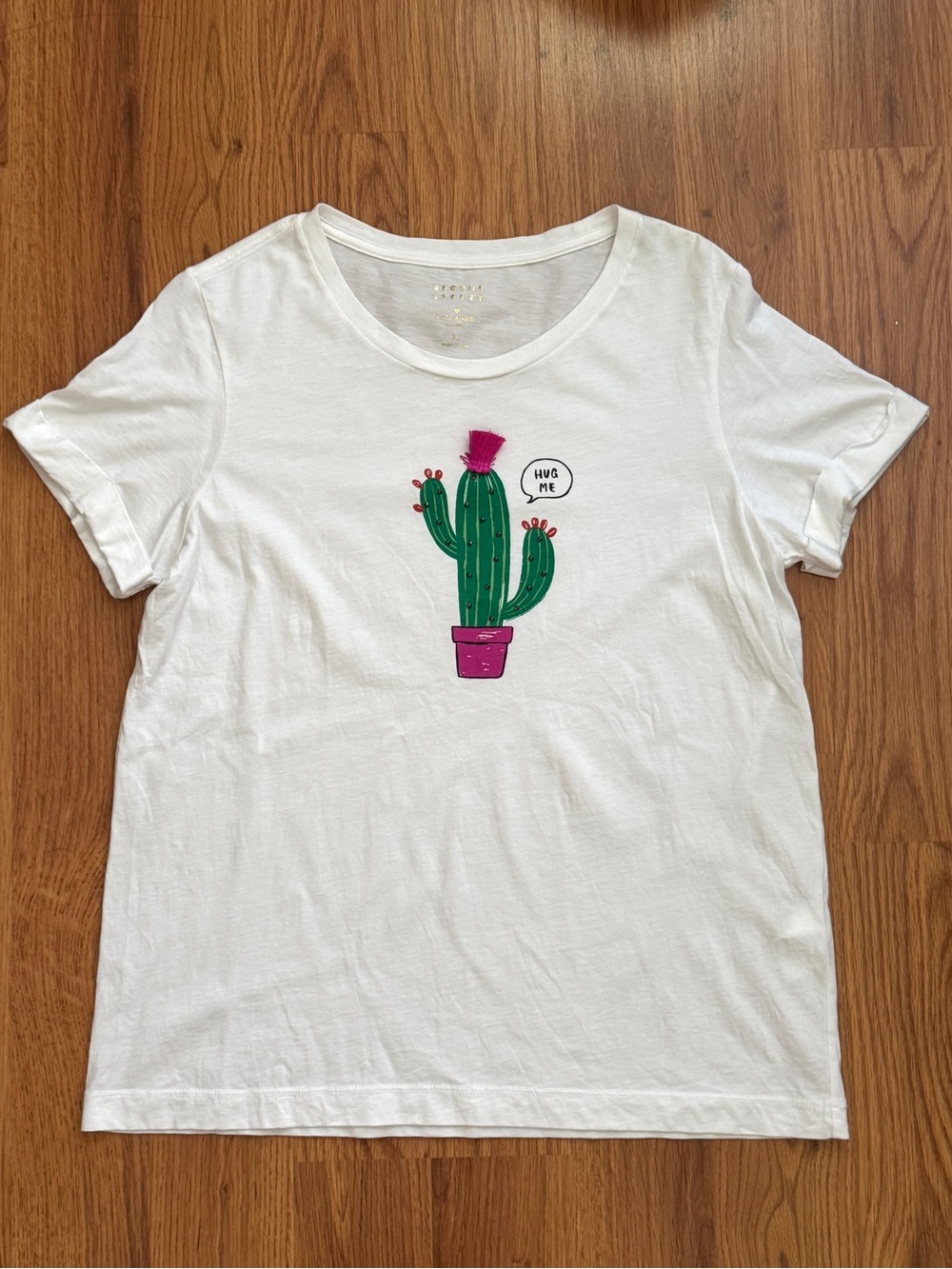 Kate Spade Broome Street Hug Me White Tee with Green Cactus and Pink Tassel, M